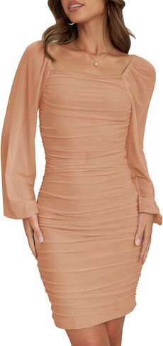 Mesh Cocktail Dresses for Women Elegant Square Neck Lantern Long Sleeve Mini Ruched Bodycon Party Dress in Kuwait