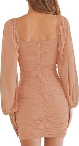 Mesh Cocktail Dresses for Women Elegant Square Neck Lantern Long Sleeve Mini Ruched Bodycon Party Dress in Kuwait