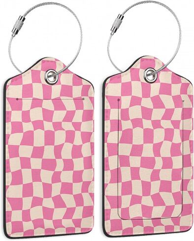 Groovy Pink Checkerboard Luggage Tag for Suitcase 2 Pcs Unique Leather Suitcase Tags with Full Privacy Cover Stainless Steel Loop for Women Men Travel Baggage Bag Backpack in Saudi Arabia