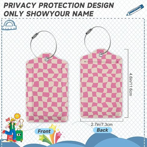 Groovy Pink Checkerboard Luggage Tag for Suitcase 2 Pcs Unique Leather Suitcase Tags with Full Privacy Cover Stainless Steel Loop for Women Men Travel Baggage Bag Backpack in Saudi Arabia