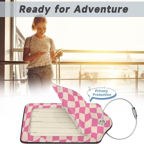 Groovy Pink Checkerboard Luggage Tag for Suitcase 2 Pcs Unique Leather Suitcase Tags with Full Privacy Cover Stainless Steel Loop for Women Men Travel Baggage Bag Backpack in Saudi Arabia