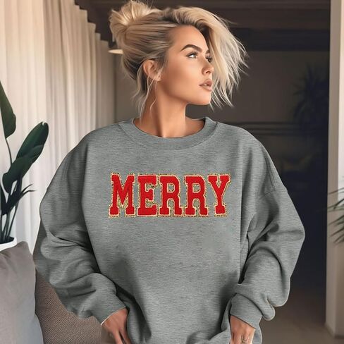 Merry Christmas Sweatshirts for Women Christmas Sequin Long Sleeve Shirts Ugly Xmas Sweater Patch Crewneck Pullover Top in Kuwait