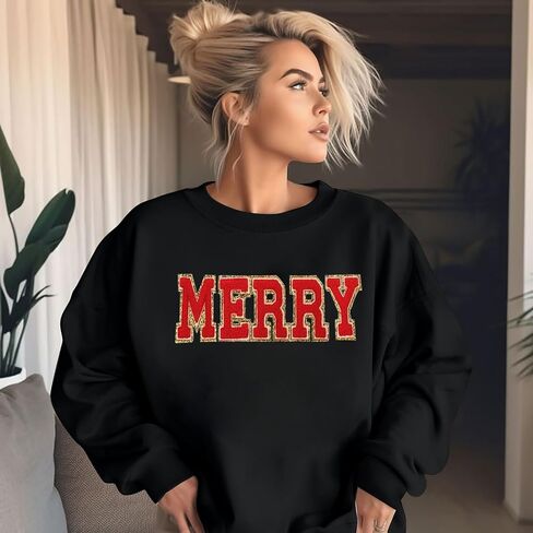 Merry Christmas Sweatshirts for Women Christmas Sequin Long Sleeve Shirts Ugly Xmas Sweater Patch Crewneck Pullover Top in Kuwait