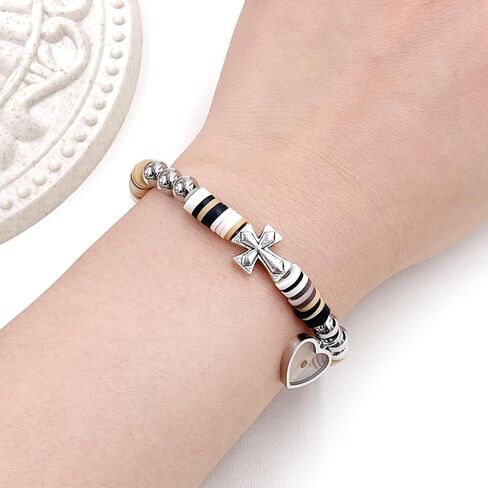 Cute Gradient Style Vinyl Heishi Polymer Clay Beads Bracelets Trendy Side Cross Bracelet with Heart Mustard Seed Charm in Kuwait