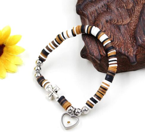 Cute Gradient Style Vinyl Heishi Polymer Clay Beads Bracelets Trendy Side Cross Bracelet with Heart Mustard Seed Charm in Kuwait