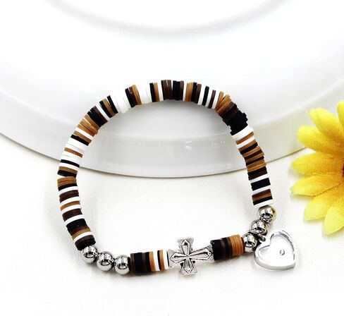 Cute Gradient Style Vinyl Heishi Polymer Clay Beads Bracelets Trendy Side Cross Bracelet with Heart Mustard Seed Charm in Kuwait