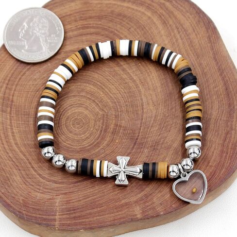 Cute Gradient Style Vinyl Heishi Polymer Clay Beads Bracelets Trendy Side Cross Bracelet with Heart Mustard Seed Charm in Kuwait