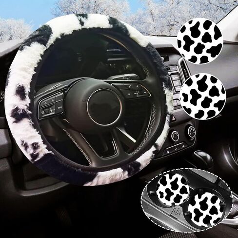 Black and White Cow Print Fluffy Steering Wheel Cover,Universal Auto Steering Wheel 14-15 Inch Soft Warm Car Interior Accessories with 2PCS Car Coasters,Suitable for Men and Women in Saudi Arabia