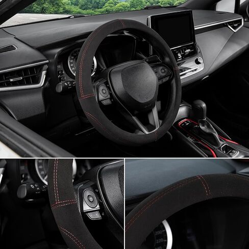 SEG Direct Suede Steering Wheel Cover for Car, Standard Size 14.5-15 inch (37-39 cm), Sport Non-Slip Automotive Interior Accessories, Black in Saudi Arabia