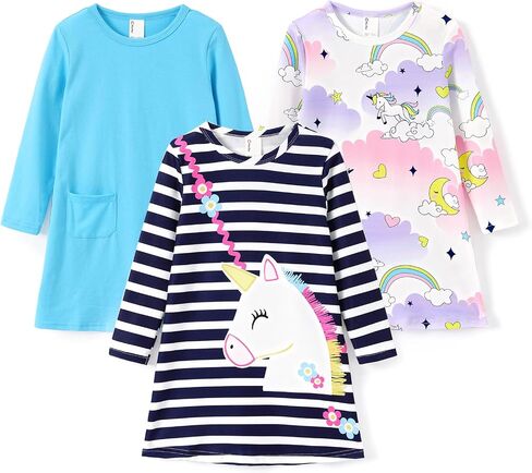 PATPAT 3 Pack Toddler Girl Casual Dress Long Sleeve Colorful Cartoon Basic Tunic Playwear Shirt Dresses with Pockets in Saudi Arabia