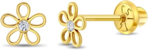 14k Yellow Gold Clear Cubic Zirconia Flower Screw Back Earrings For Babies, Little Girls & Preteens - Adorable Flower Earrings For Young Girls - Tiny Springtime Earrings for Girls in Saudi Arabia