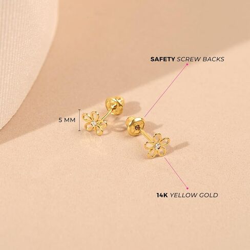 14k Yellow Gold Clear Cubic Zirconia Flower Screw Back Earrings For Babies, Little Girls & Preteens - Adorable Flower Earrings For Young Girls - Tiny Springtime Earrings for Girls in Saudi Arabia