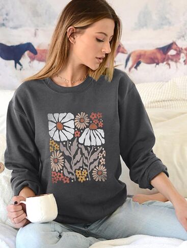 Flower Sweatshirt Women Wildflower Shirts Vintage Minimalistic Flower Print Sweatshirt Fall Autumn Pullover Tops in Saudi Arabia