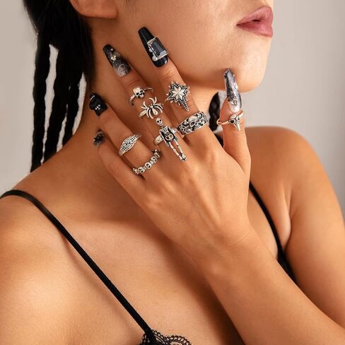 Vintage Gothic Knuckle Rings for Women Punk Stackable Diablo Ring Set Spider Snake Skull Bat Broken Claw Vintage Silver Ring Halloween Jewelry in Kuwait