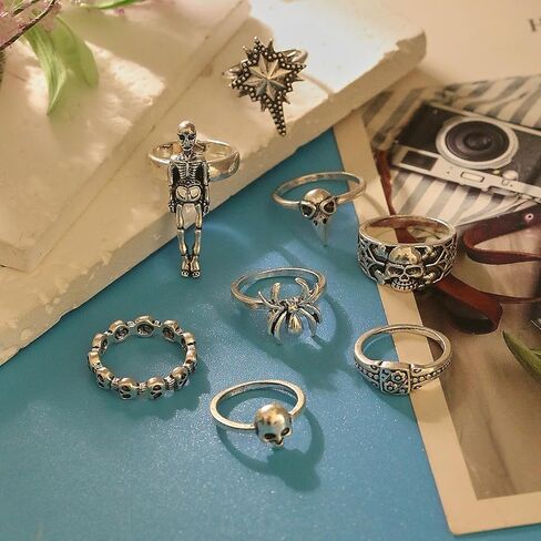 Vintage Gothic Knuckle Rings for Women Punk Stackable Diablo Ring Set Spider Snake Skull Bat Broken Claw Vintage Silver Ring Halloween Jewelry in Kuwait