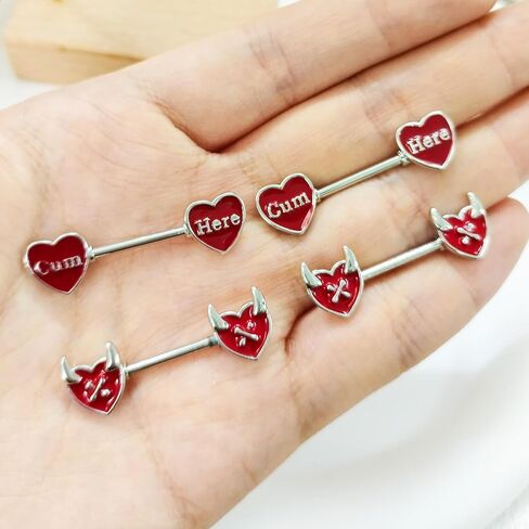 14G Red Heart Nipple Rings for Women Surgical Steel Love Heart Piercing Barbell Bite Me Cum Here Letter Nipple Studs Naughty Words Body Piercing Jewelry in Saudi Arabia