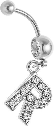 Initial Belly Button Rings 14G Surgical Stainless Steel 26 Letter Dangle Navel Barbell Stud Cubic Zirconia Body Piercing in Saudi Arabia