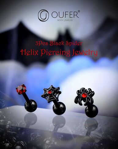 OUFER 3PCS Halloween Helix Piercing Jewelry, 16G Cartilage Earring Barbells, Spider Tragus Piercing Jewelry, 316L Surgical Steel Helix Conch Tragus Cartilage Earrings for Women in Saudi Arabia