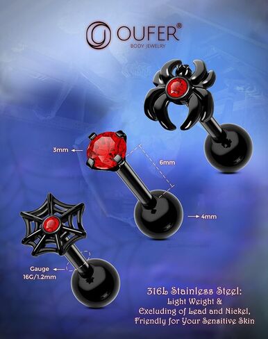 OUFER 3PCS Halloween Helix Piercing Jewelry, 16G Cartilage Earring Barbells, Spider Tragus Piercing Jewelry, 316L Surgical Steel Helix Conch Tragus Cartilage Earrings for Women in Saudi Arabia