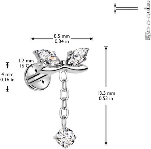 Pierced Owl 16GA ASTM F-136 Implant Grade Titanium Internally Threaded CZ Crystal Bow with Dangling Gem Chain Flat Back Stud in Saudi Arabia