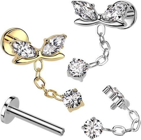 Pierced Owl 16GA ASTM F-136 Implant Grade Titanium Internally Threaded CZ Crystal Bow with Dangling Gem Chain Flat Back Stud in Saudi Arabia
