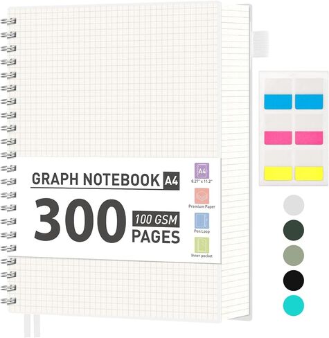 AHGXG Graph Paper Notebook, 300 Pages Spiral Notebook 8.5" x 11", A4 Large Grid Paper Notebook, 100gsm Thick Paper, Plastic Hardcover Journals for School Engineering Math, Transparent in Saudi Arabia