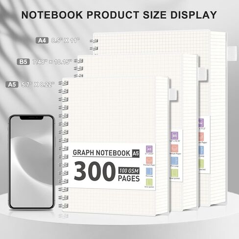 AHGXG Graph Paper Notebook, 300 Pages Spiral Notebook 8.5" x 11", A4 Large Grid Paper Notebook, 100gsm Thick Paper, Plastic Hardcover Journals for School Engineering Math, Transparent in Saudi Arabia