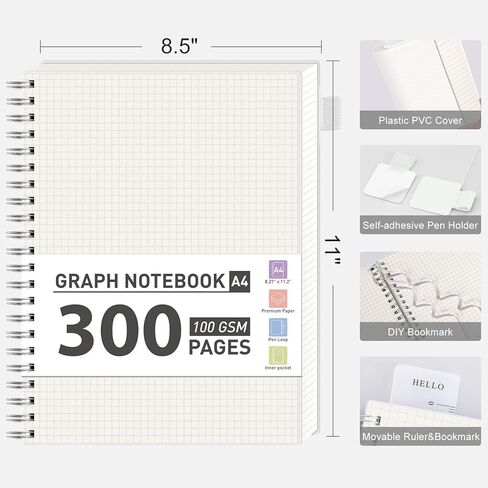 AHGXG Graph Paper Notebook, 300 Pages Spiral Notebook 8.5" x 11", A4 Large Grid Paper Notebook, 100gsm Thick Paper, Plastic Hardcover Journals for School Engineering Math, Transparent in Saudi Arabia