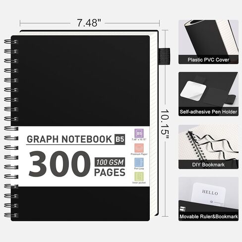 AHGXG Graph Paper Notebook, 300 Pages Spiral Notebook 8.5" x 11", A4 Large Grid Paper Notebook, 100gsm Thick Paper, Plastic Hardcover Journals for School Engineering Math, Transparent in Saudi Arabia