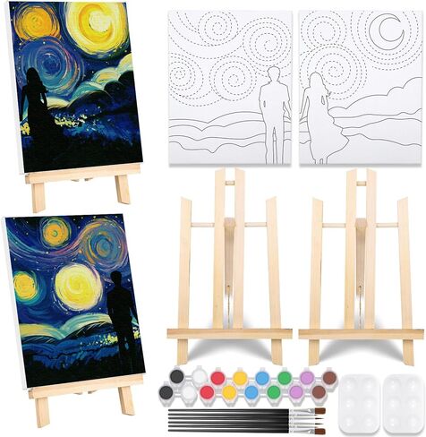 مجموعة طلاء ورشفة من VOCHIC، مجموعة طلاء قماش مرسومة مسبقًا للبالغين، لعبة ليلة مليئة بالنجوم للزوجين مع حامل، ألوان أكريليك 8 × 2، فرشاة 3 × 2، مجموعة لوحات فنية من لوحتي طلاء، عيد الحب (8 × 10) in Kuwait