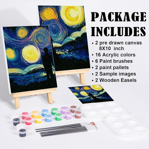 مجموعة طلاء ورشفة من VOCHIC، مجموعة طلاء قماش مرسومة مسبقًا للبالغين، لعبة ليلة مليئة بالنجوم للزوجين مع حامل، ألوان أكريليك 8 × 2، فرشاة 3 × 2، مجموعة لوحات فنية من لوحتي طلاء، عيد الحب (8 × 10) in Kuwait