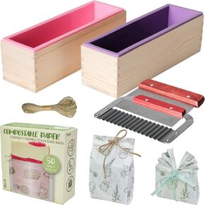 Rectangular Soap Silicone Mold for Soap Making 2 pcs 46 oz, Rectangular Loaf Soap Mold with Wooden Boxes, 2 Cutters and 50pcs Paper Bags for Soap Packaging Gift Bags