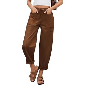 Ladyful Womens Corduroy Barrel Pant Mid Rise Boyfriend Corduroy Trouser Elastic Waist Comfy Work Trouser Bottoms