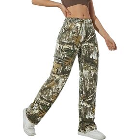 Camo Cargo Pants for Women Elastic High Waist Straight Leg Sweatpants Camouflage Y2K Streetwear Baggy Pants
