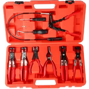 Long Reach Wire Spring Hose Clamp Remover Set, 9pcs Car Fuel Oil Water Hose Clamp Plier Tool, Automotive Coolant Radiator Heater and Water Hose with Band Flat or Large Clamps
