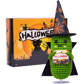 Mini Funny Emotional Support Cucumber Witch Hat and Cloak Gift, Cute Knitted Crochet Cucumber Doll with Magic Hat Toy with Room Party Decoration