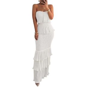 chouyatou Women's Sweet Ruffle Smocked Bodycon Maxi Dress Shirred Package Hip Mermaid Bandeau Dress