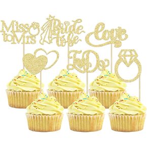 Gyufise 24Pcs Bride to Be Cupcake Toppers Gold Glitter I Do Love Heart Ring Miss To Mrs Cupcake Picks Bridal Shower Cake Decorations for Wedding Engagement Bachelorette Party Supplies