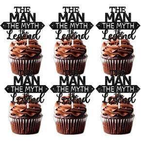 Black Glitter Cupcake Topper The Man The Myth The Legend Theme Decor Supplies Male Daddy Father's Day Happy Birthday Party Decorations set 18pcs