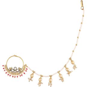 I Jewels خاتم أنف زفاف هندي مطلي بالذهب عيار 18 قيراط من بوليوود عرقي / ناث بدون ثقب مع سلسلة لؤلؤ مغطاة بحجر اللؤلؤ للنساء/الفتيات (NL40) in Kuwait