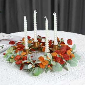 12 inch Fall Candle Wrath Thanksgiving Day Candle 4 Candles Holder with Maple Leaves Pumpkins Wreath Mini Artificial Maple Leaves Candle Wreath for Fall Home Table Decoration Centerpiece