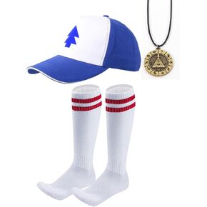 3Pcs Halloween Cosplay Costume Accessories for Men and Boys with Blue Hat Baseball Cap and Striped Socks + Necklace