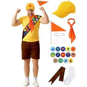 Halloween Scout Costume for Adult Includes Scout Badge Patch Yellow Hat Badge Sash Neckerchief Pennant White Socks Silver Pins Glue for DIY Halloween Cosplay Accessory Kit