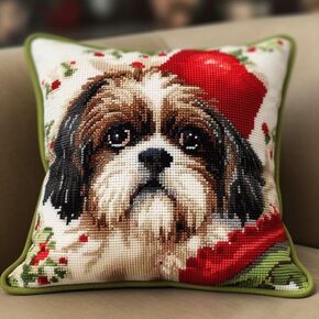 Shih Tzu Latch Hook Kits Cushion Pillow Cover Set Latch Hook Kits Throw Pillowcase Craft Crochet Needlework Printed Pattern Canvas Cushion Cover Hand Craft 17 x 17 Inch(74)