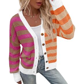 Saodimallsu Womens Striped Cardigans Color Block Button V Neck Open Front Ribbed Knit Loose Trendy Sweater Coats