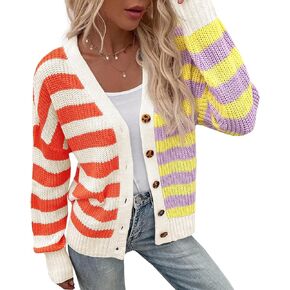 Saodimallsu المرأة مخطط بالأزرار كتلة اللون زر الخامس الرقبة مفتوحة الجبهة مضلع متماسكة فضفاضة العصرية سترة معاطف in Kuwait