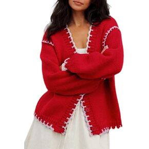 Yimoon Chunky Cardigan Sweater for Women Contrast Stitching V Neck Long Sleeve Button Down Loose Fall Knitted Sweater
