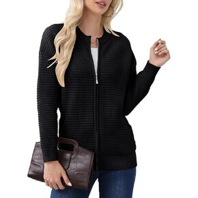 سترة صوفية بسحاب للنساء من Genhoo سترة محبوكة مكتنزة مفتوحة من الأمام ورقبة دائرية مع جيوب in Kuwait