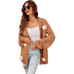 Women's Knit Floral Applique Open Front Cropped Cardigan Sweater Lantern Sleeve