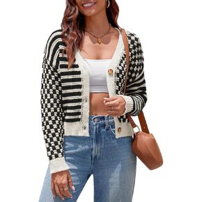 Saodimallsu Womens Checkered Cardigan Sweaters Striped Cropped Button Fall Trendy Open Front Knit Sweater Coats